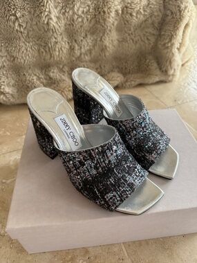 Jimmy Choo Glitter Block Heel Mule Sandals Silver Multi Sparkle Size
